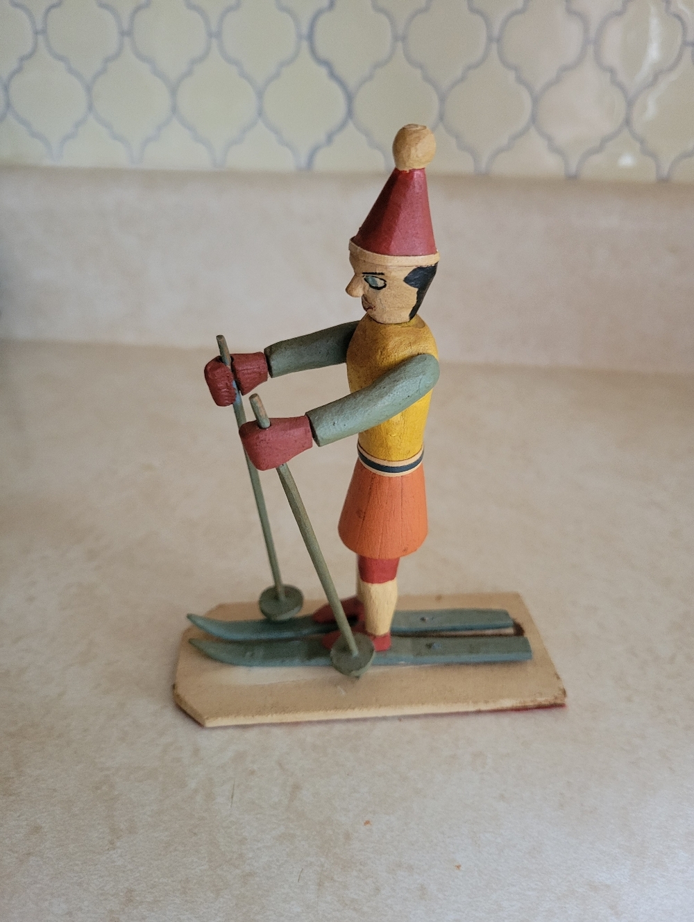 Vintage One Of A Kind Hand Carved Wooden Skier Figurine Multicolor Home Accent